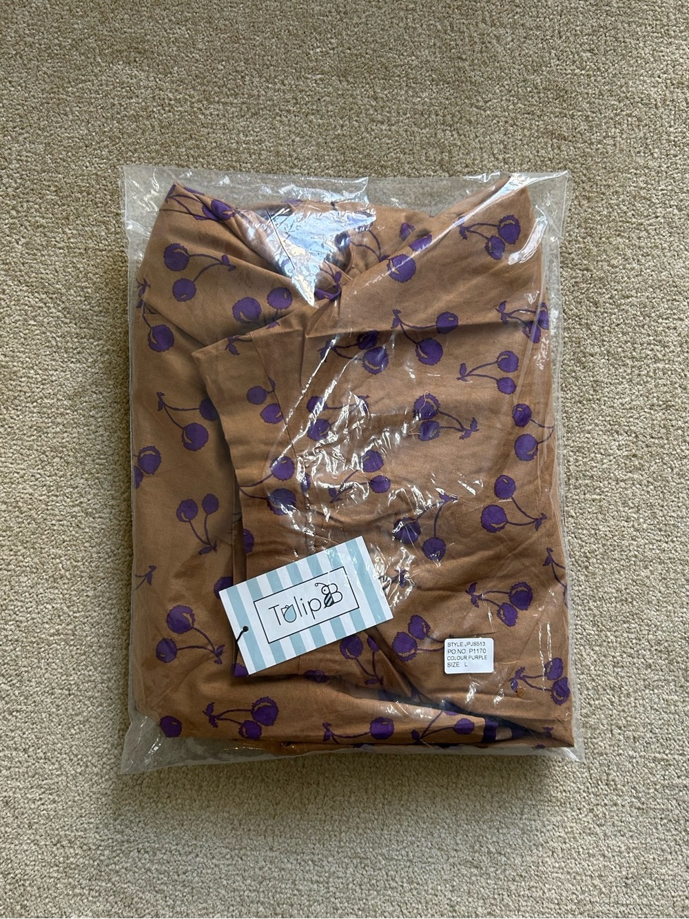 NWT Tulip B Brown Camel Purple Cherries Full Cherry Skirt Elastic Waist Lined L - Picture 7 of 7